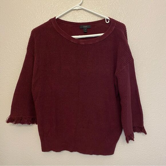 J CREW Burgundy red Fringe Sleeve Knit Sweater 100% cotton crew neck M - Picture 3 of 9